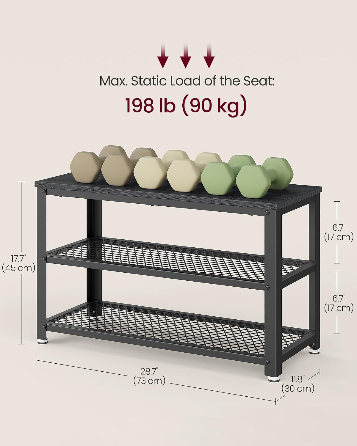vasagle 3-tier shoe rack, storage bench with metal, close-up detail