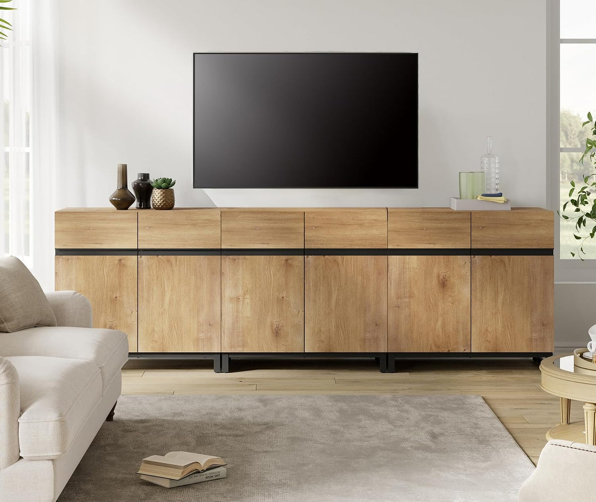 WAMPAT Modern TV Stand for TVs up to 110 inch, 3 in 1 Wood Entertainment Center