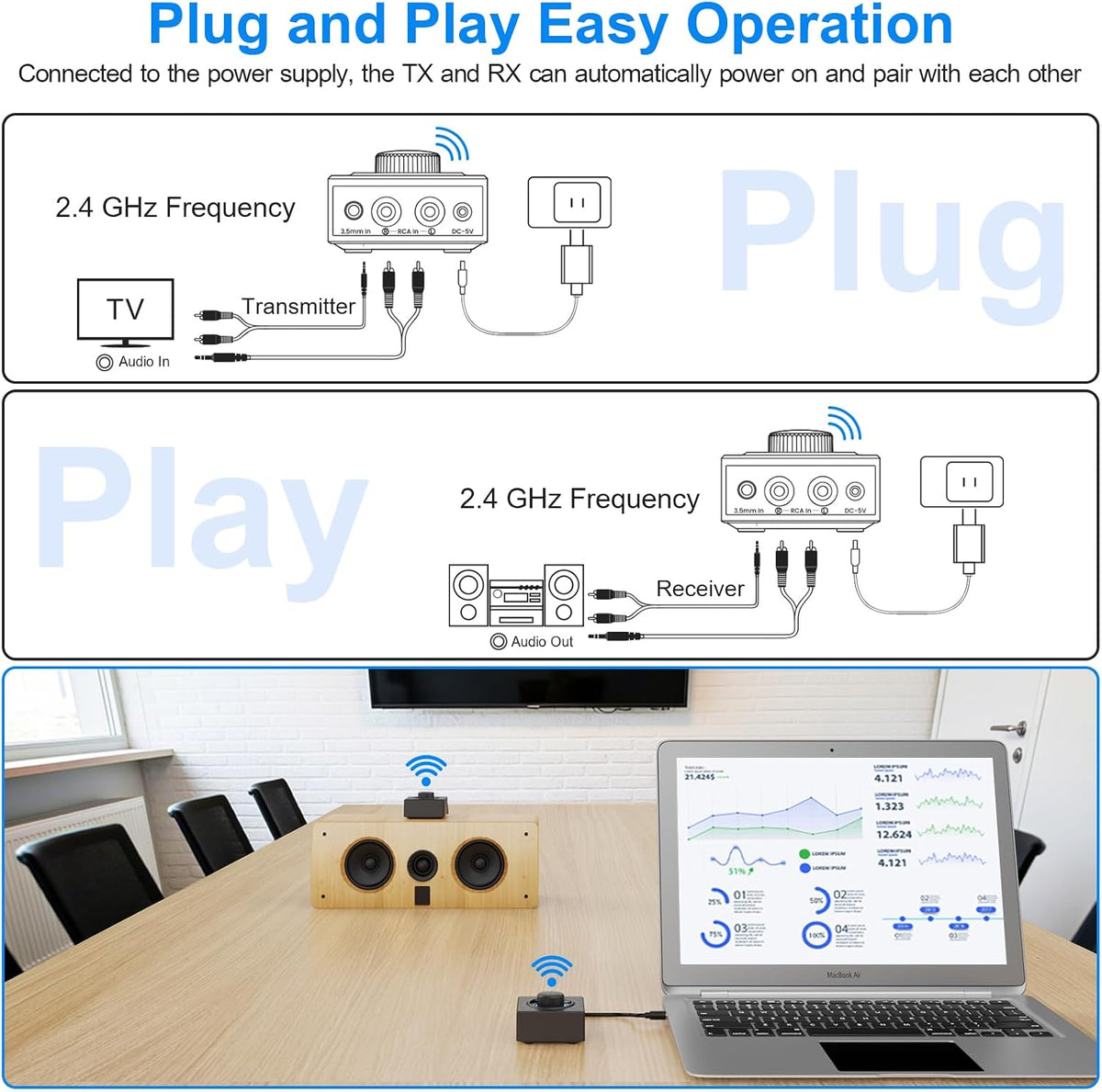 ymoo 2.4ghz wireless audio transmitter and receiver showing dimensions