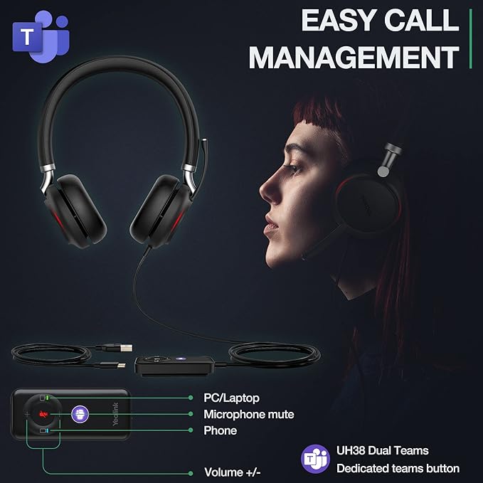 Yealink UH38 Bluetooth USB Wired Headset, Work Headset