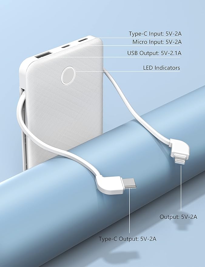 6000mah Ultra Slim Built in Cables Power Bank, Card Size Built in USB C Cords (2-Pack)