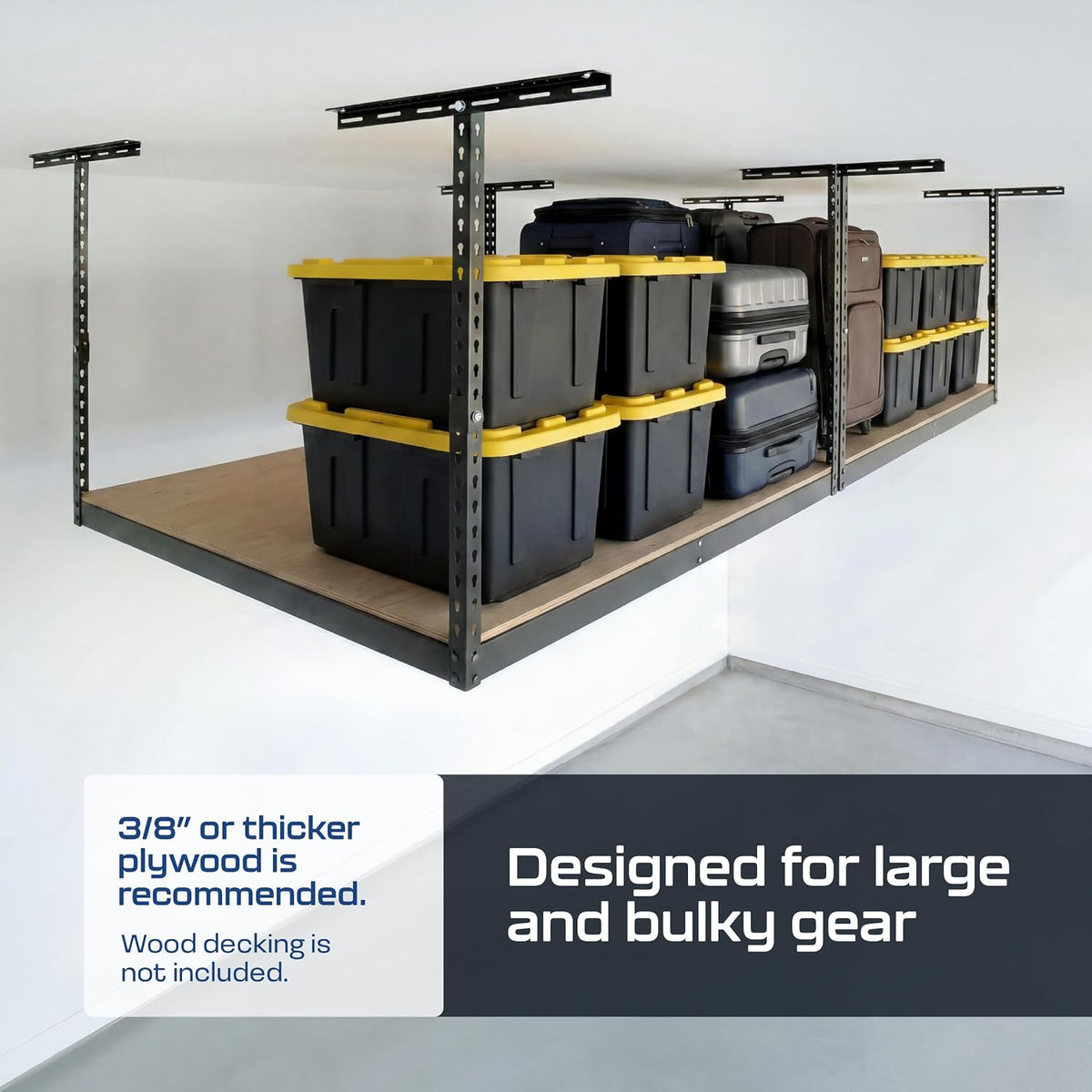 monsterrax 4x8 overhead storage rack frame kit, hammertone showing dimensions