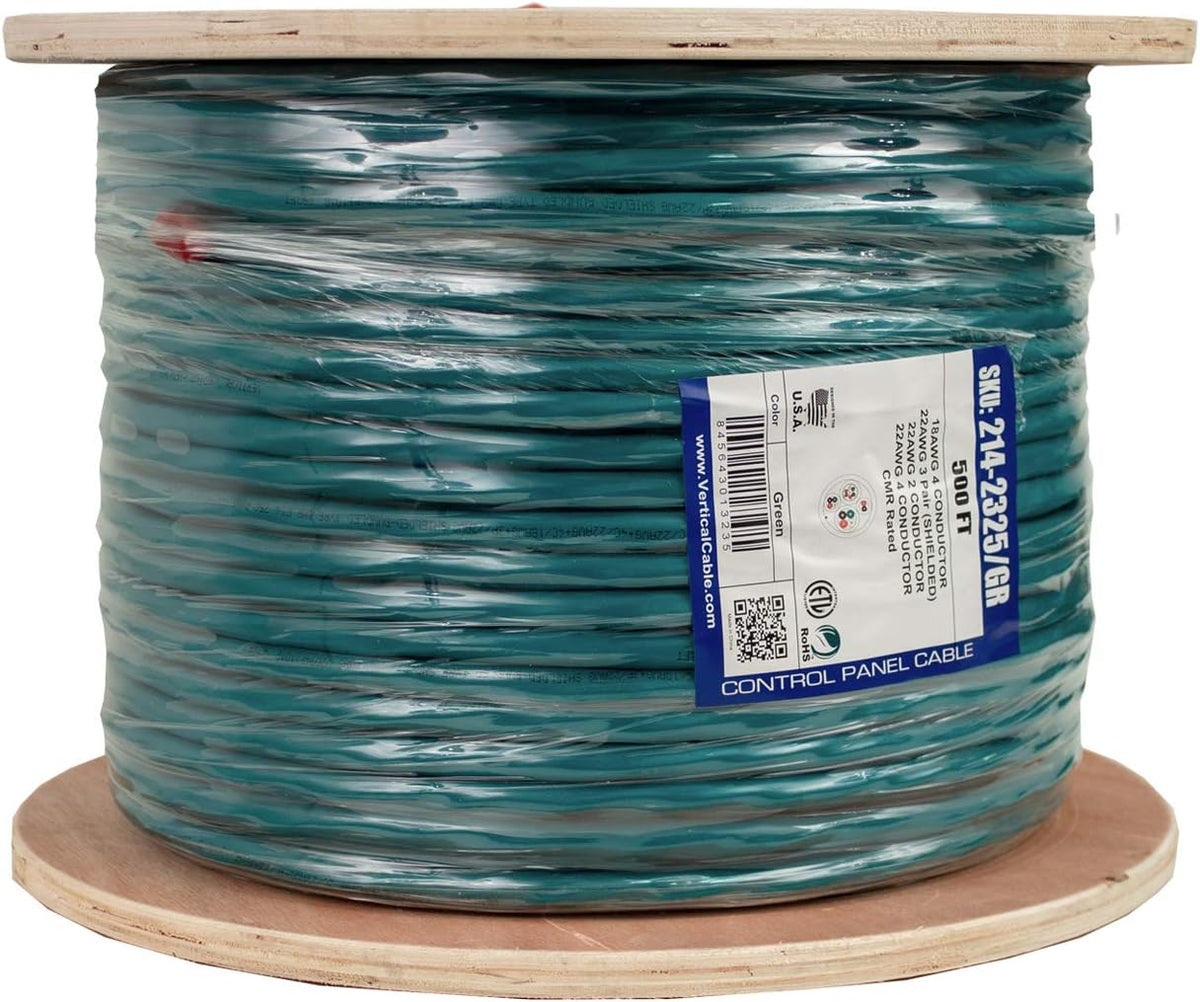 Vertical Cable Access Control Cable Riser, 22/3 Pair Shielded + 18/4 + 22/4 + 22/2, Stranded Bare Copper, Green, 500ft Spool, for Access Control Systems