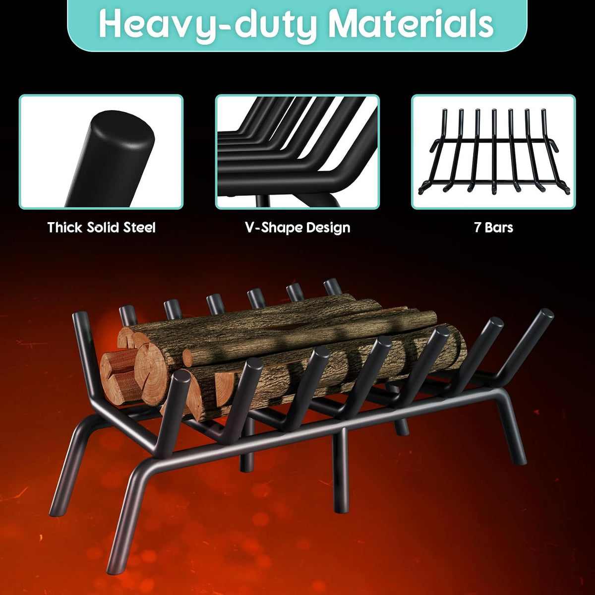 30-Inch Fireplace Grate, Heavy Duty 7-Bar Log Rack Holder