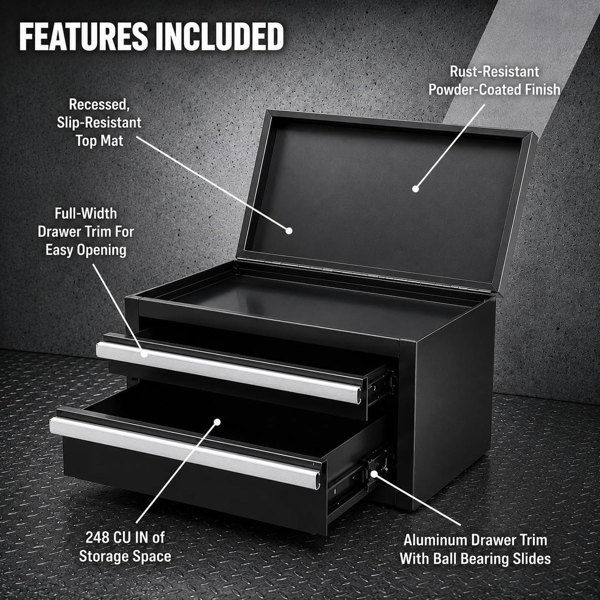 mini 2-drawer steel tool box black, close-up detail