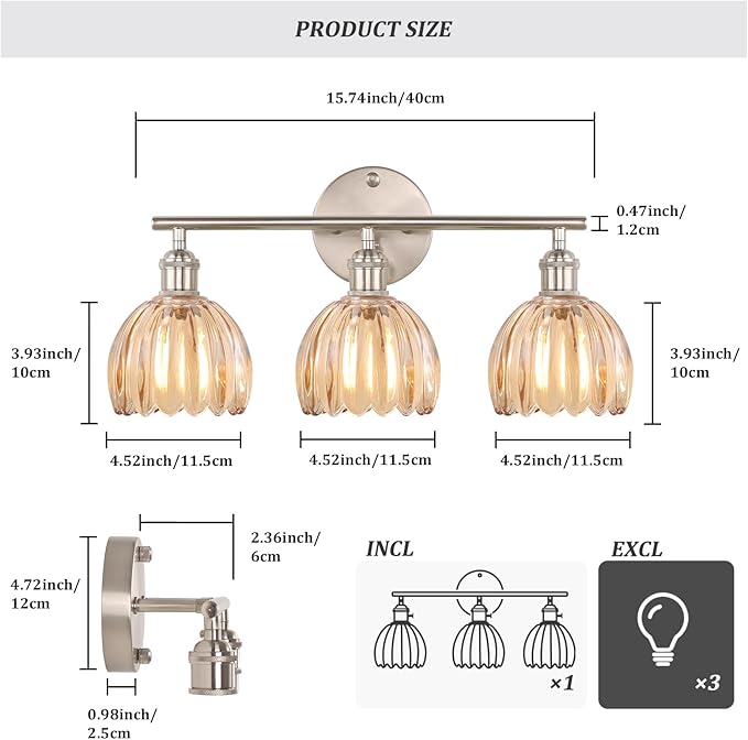 Shenmoyl Bathroom Light Fixtures, 3-Light Vanity Wall Light Over Mirror