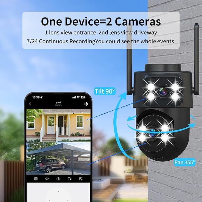 dzcctvipc 2K Dual-Lens WiFi Home Security Camera, Indoor/Outdoor Use, 360°
