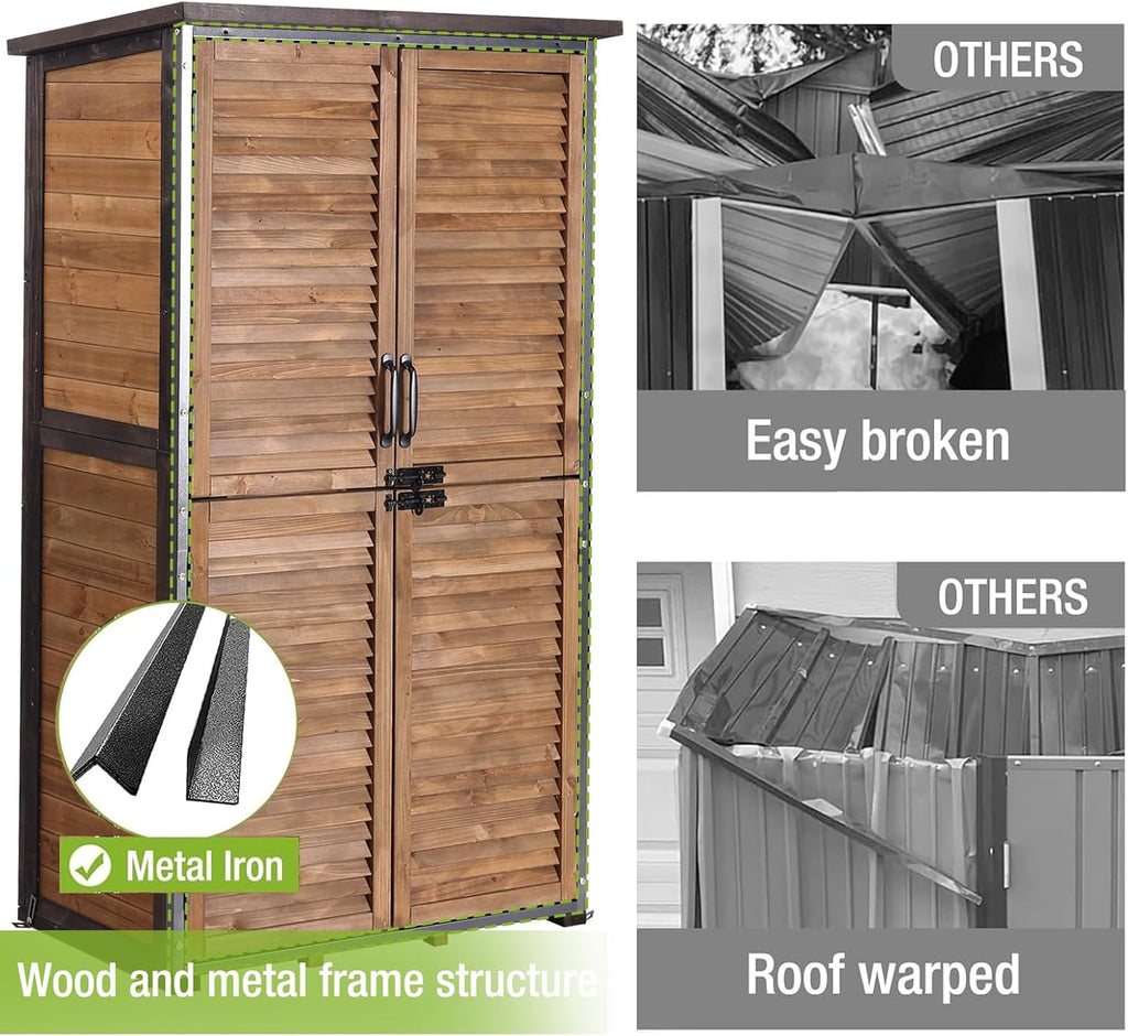 outdoor storage shed with adjustable shelfs tool cabinet shown in use