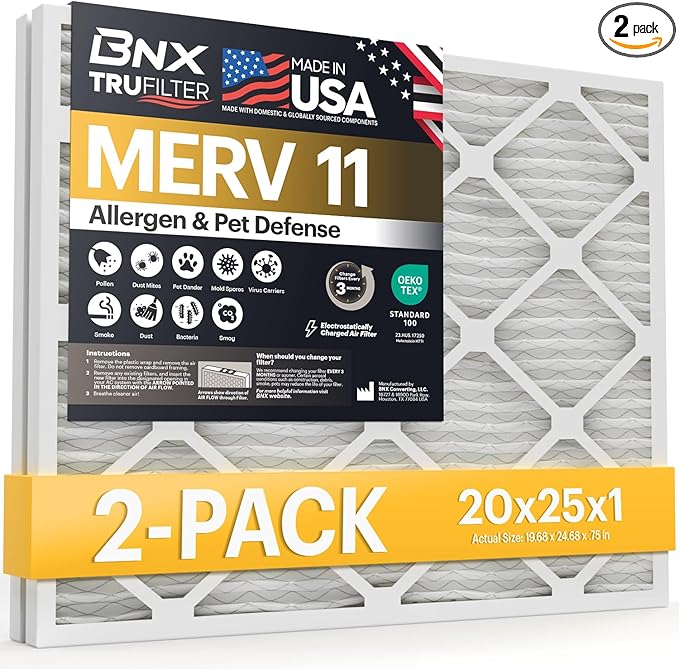 BNX 20x25x1 MERV 11 Air Filter 2 Pack