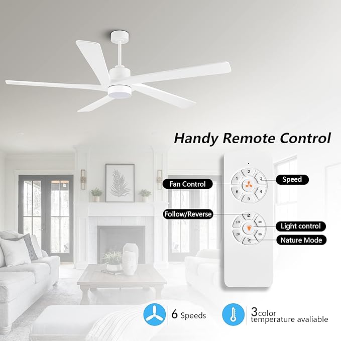 WINGBO 54" DC Ceiling Fan with Lights and Remote Control, 5 Carved Wood Blades