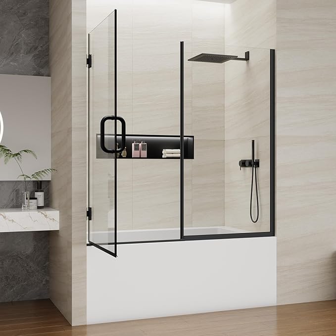 Pivot Swing Bathtub Door, Adjustable Width 60" W x 59" H Semi-Frameless Shower