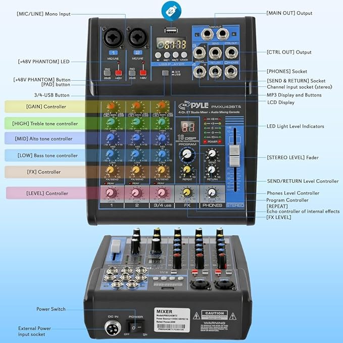 Pyle Professional Audio Mixer Sound Board Console System- Interface 4 Channel