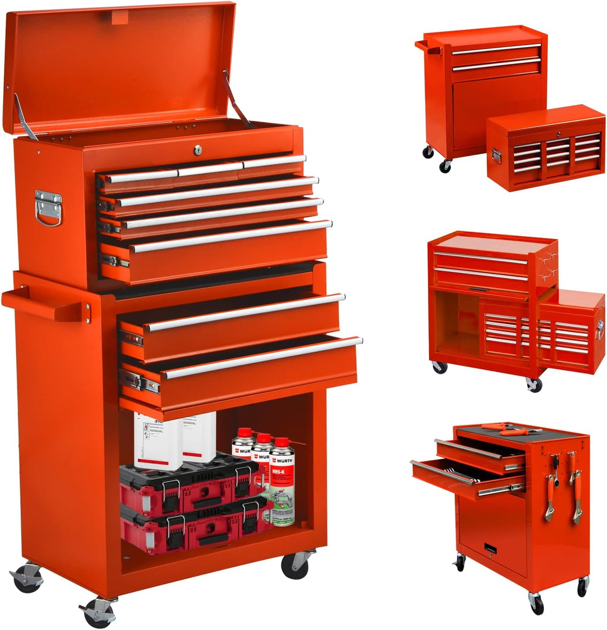 Go Light 8-Drawer Tool Chest Tool Box,Rolling Tool Box Big Tool Storage Cabinet with 4 Wheels and Lockable Drawers for Garage and Warehouse,Red,3 Drawers