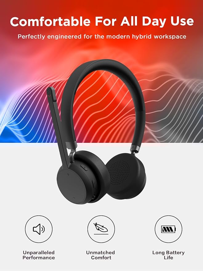 Lenovo Wireless Stereo Headset, Noise Cancelling Mic, 31-Hour Talk & 60-Hour