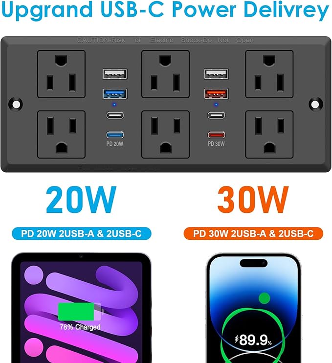 30W Recessed Power Strip USB C, Desk Flush Mount Outlet Plug in 6 AC & 8 USB