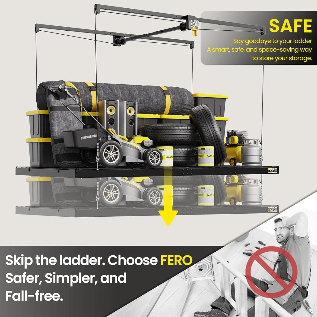 fero overhead garage storage rack 4x8, 500 lb, front angle view