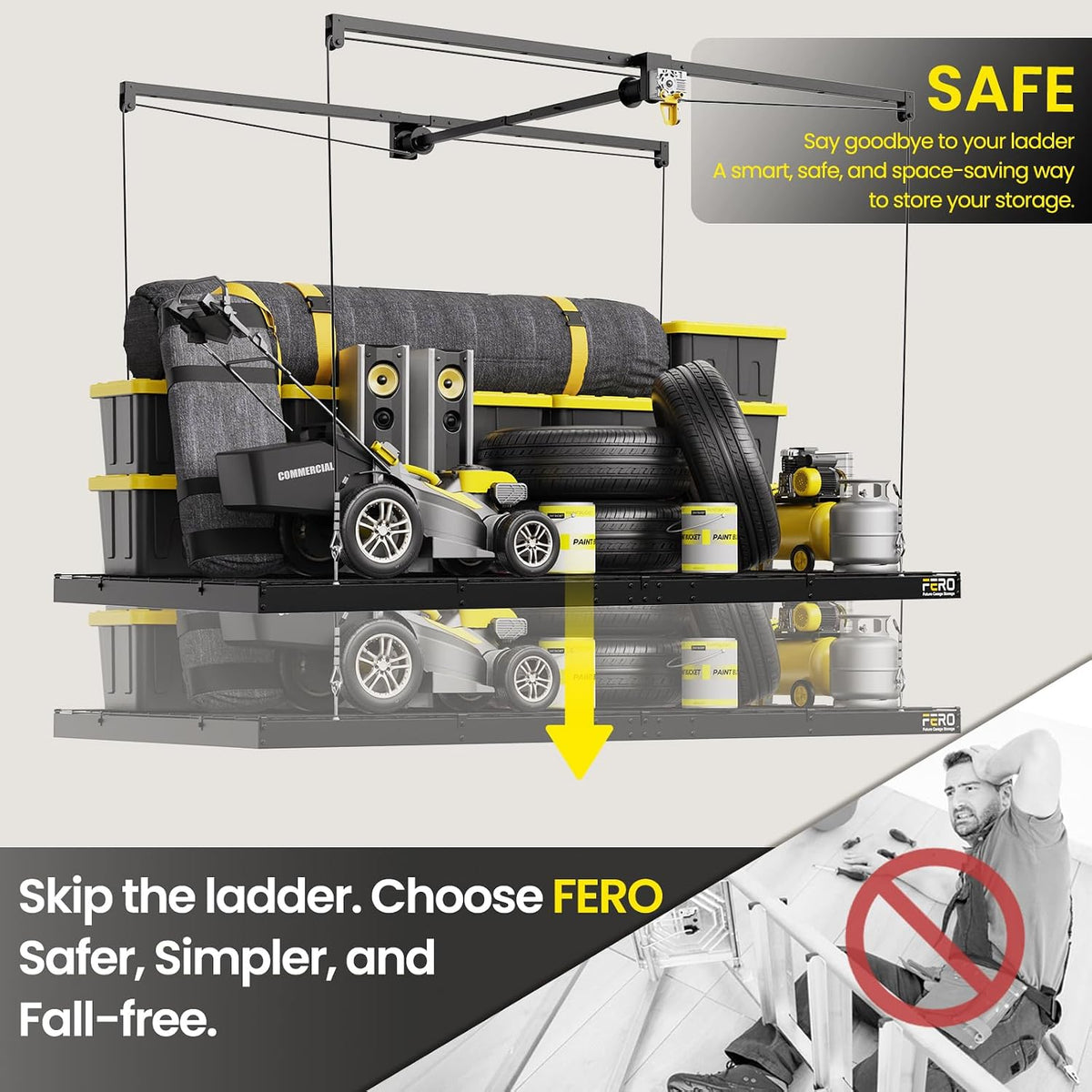 fero overhead garage storage rack 4x8, 500 lb, front angle view