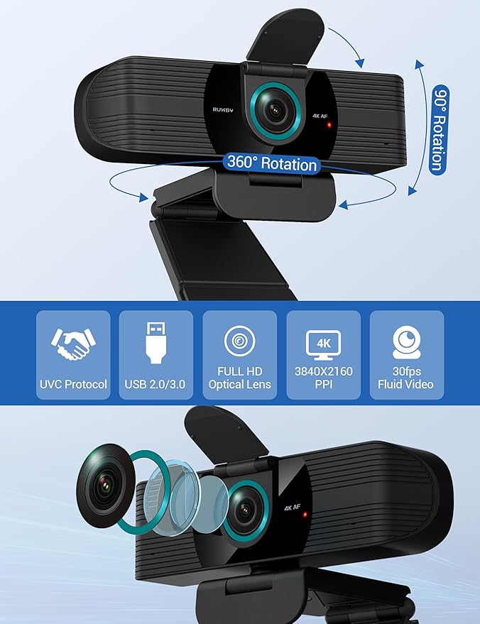 RUWBY UHD 4K Webcam with Built-in Dual Mics, Wide-Angle Lens, Privacy Cover