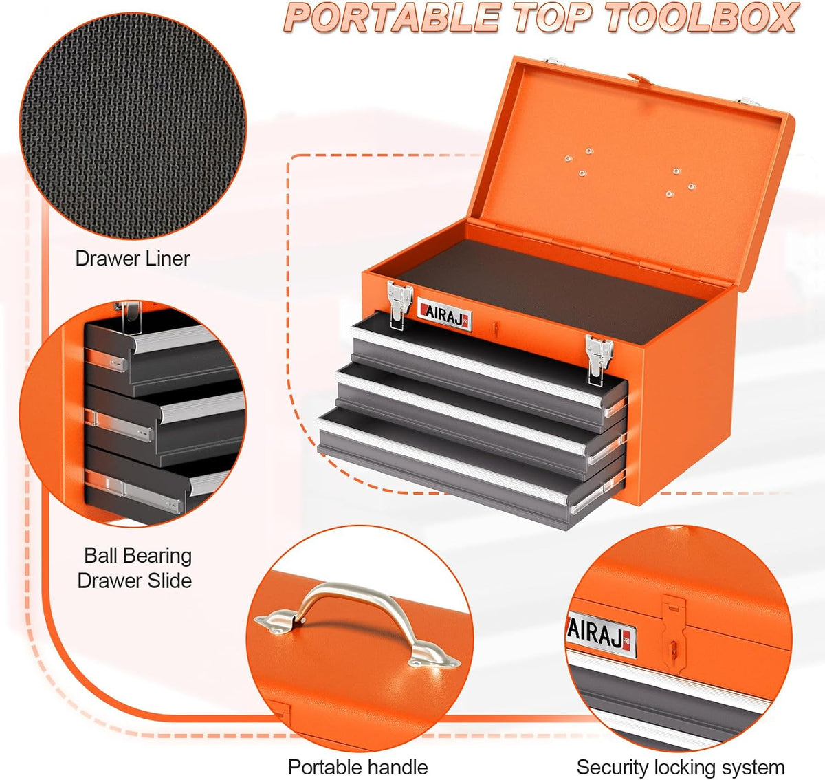 4 drawer rolling tool chest with 360° wheels,40"detachable showing dimensions