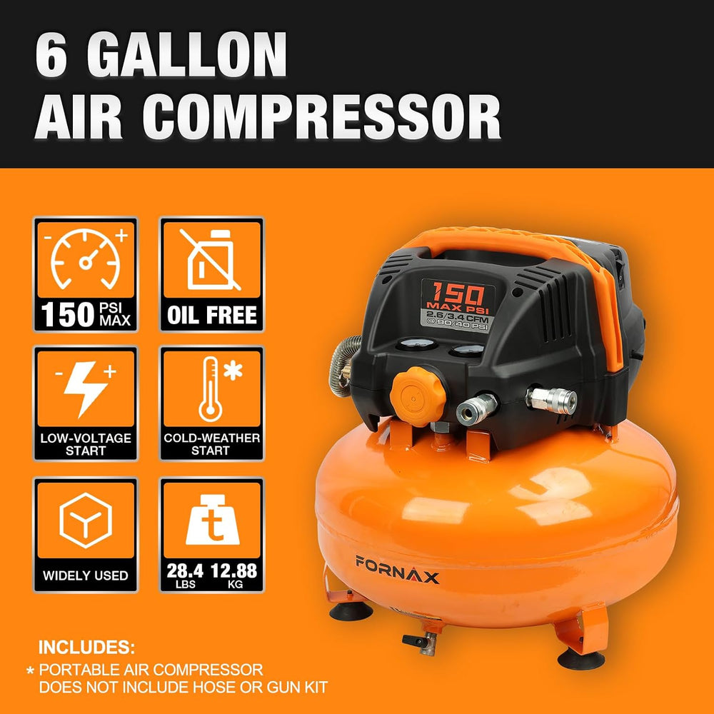 FORNAX Pancake Air Compressor with two couplers, 6 Gallon Portable Electric a...