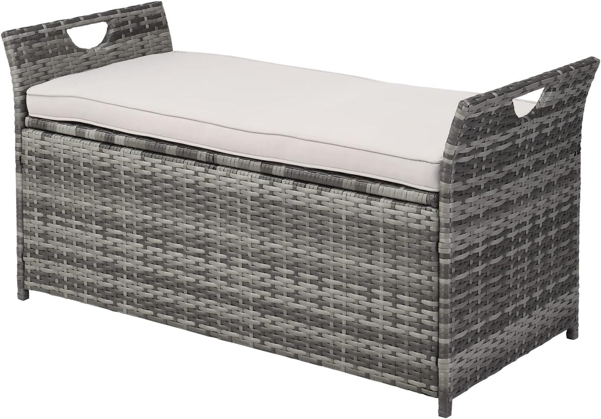 VINGLI 40 Gallon Wicker Storage Bench, Patio Cushion Storage Box with Side Handles, Rattan Deck Box for Garden Tools, Cushions, Outdoor Patio Deck Box for Garden, Poolside, Grey