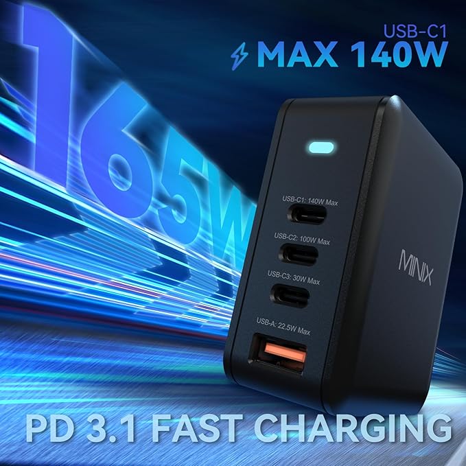 MINIX 165W USB C Charger, GaN II Charger PD3.1 Max 140W, Turbo 4-Port Charging