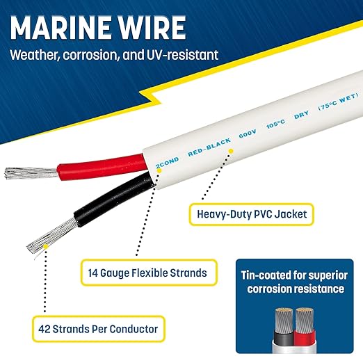GS Power 200 Ft Duplex Marine Wire, 14 Gauge Wire, Oxygen-Free Tinned Copper 14
