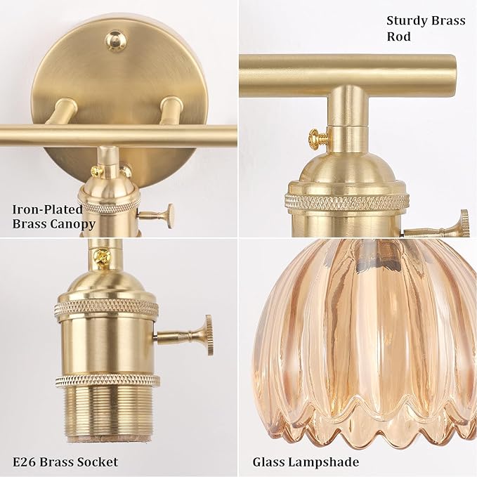 Shenmoyl Bathroom Light Fixtures, 2-Light Brass Vanity Wall Light Over Mirror