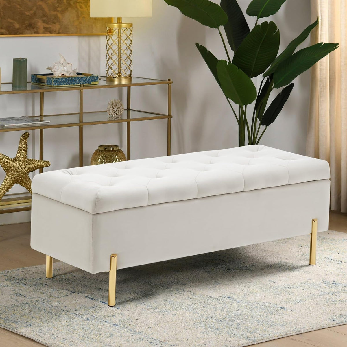 Velvet Storage Bench Ottoman, 45.6-Inch End of Bed Bench, Ivory