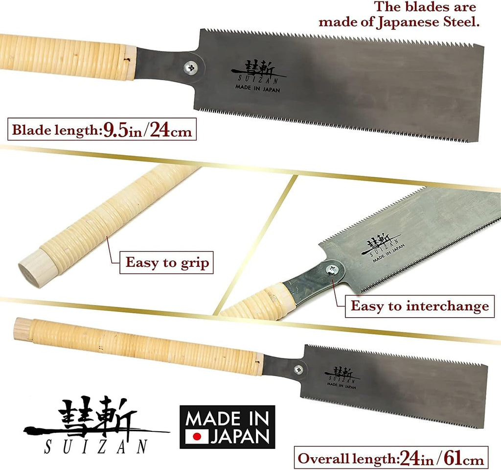 SUIZAN Ryoba Double Edge Saw 9.5" - Japanese Pullsaw Hand Saws Wood Cutting | Professional Pull Saw for Woodworking Furniture Making Carpentry Joinery DIY Tools Sharp Replaceable Blade Rip Crosscut