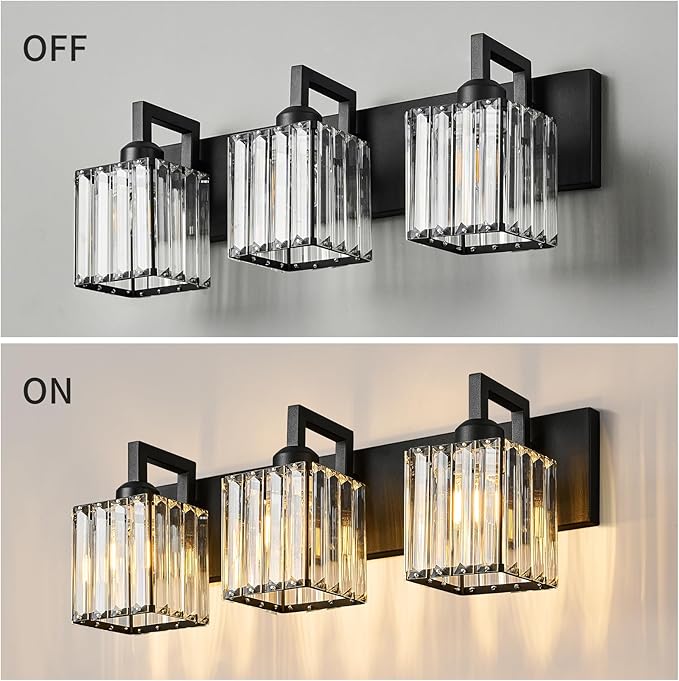 FDPBY Modern Bathroom Vanity Light 3-Lights Black Crystal Wall Lamp Bathroom