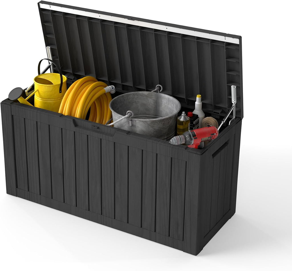 80 gallon deck boxes outdoor waterproof, outdoor storage shown in use