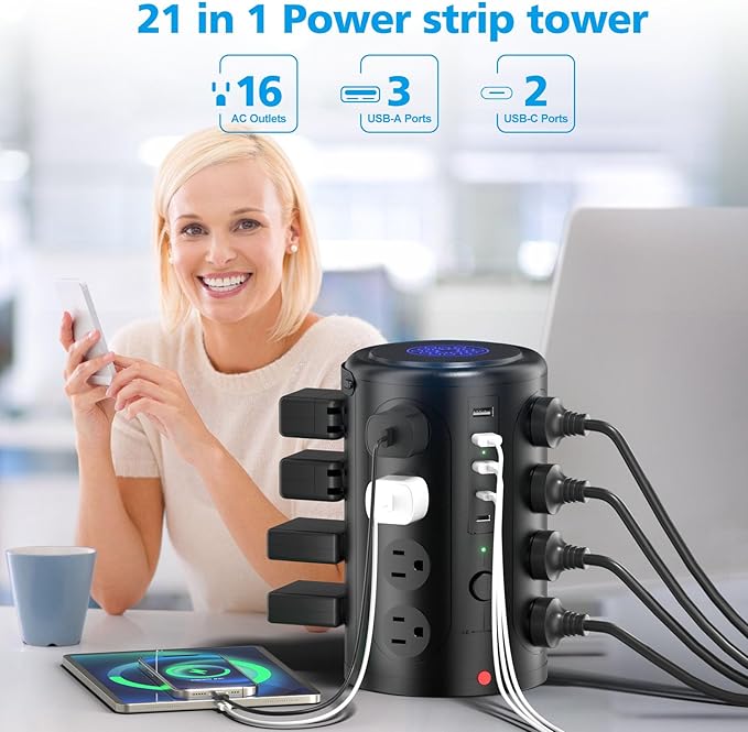 Tower Power Strip with 15W Wireless Charger, 20FT Extension Cord, 16 AC Outlets