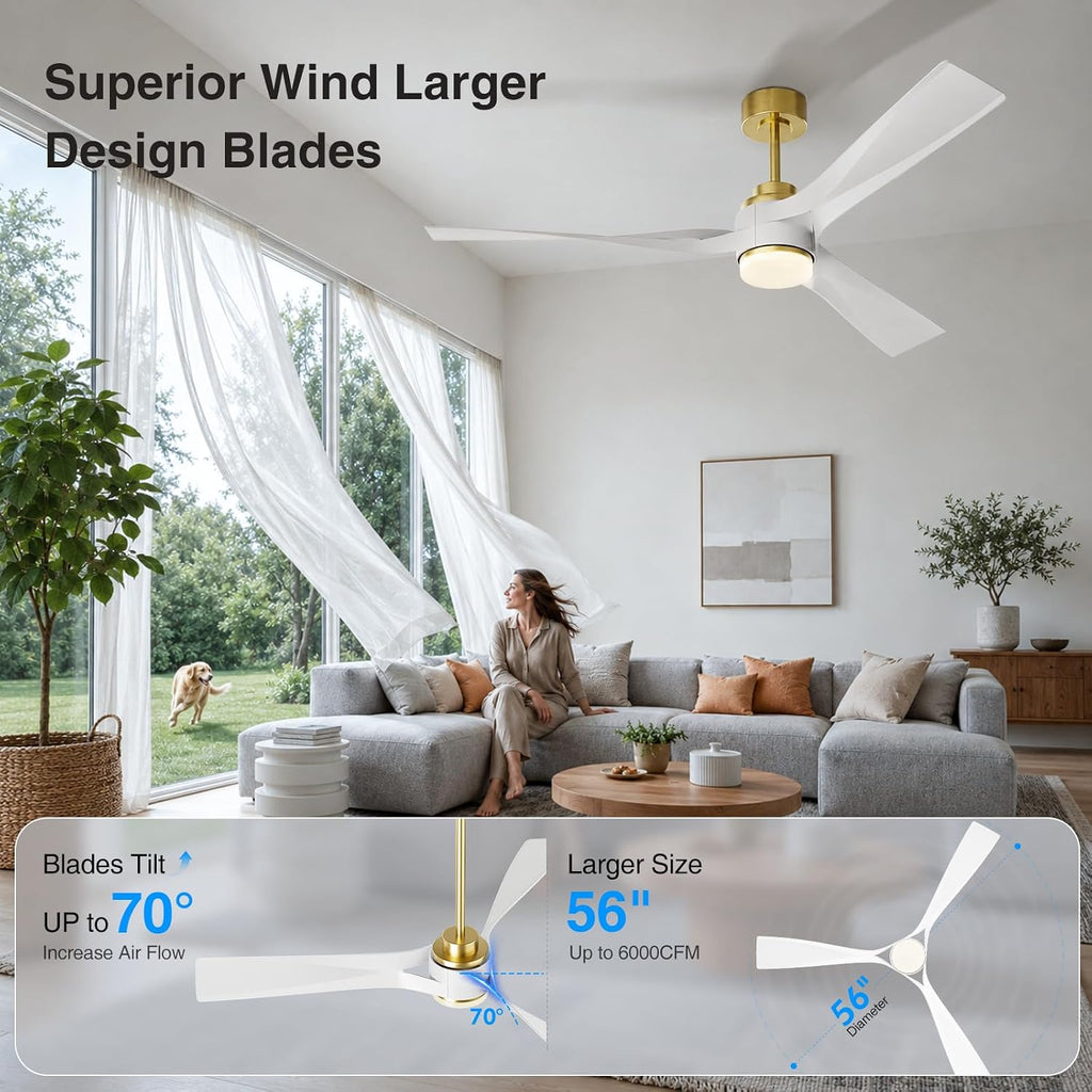 56 inch Modern Smart Ceiling Fan with Light, Gold White Outdoor Ceiling Fans for Patios with Alexa/Google/App and Remote Control, 3 Blade DC High CFM for Indoor Bedroom/Living Room/kitchen Ceiling Fan