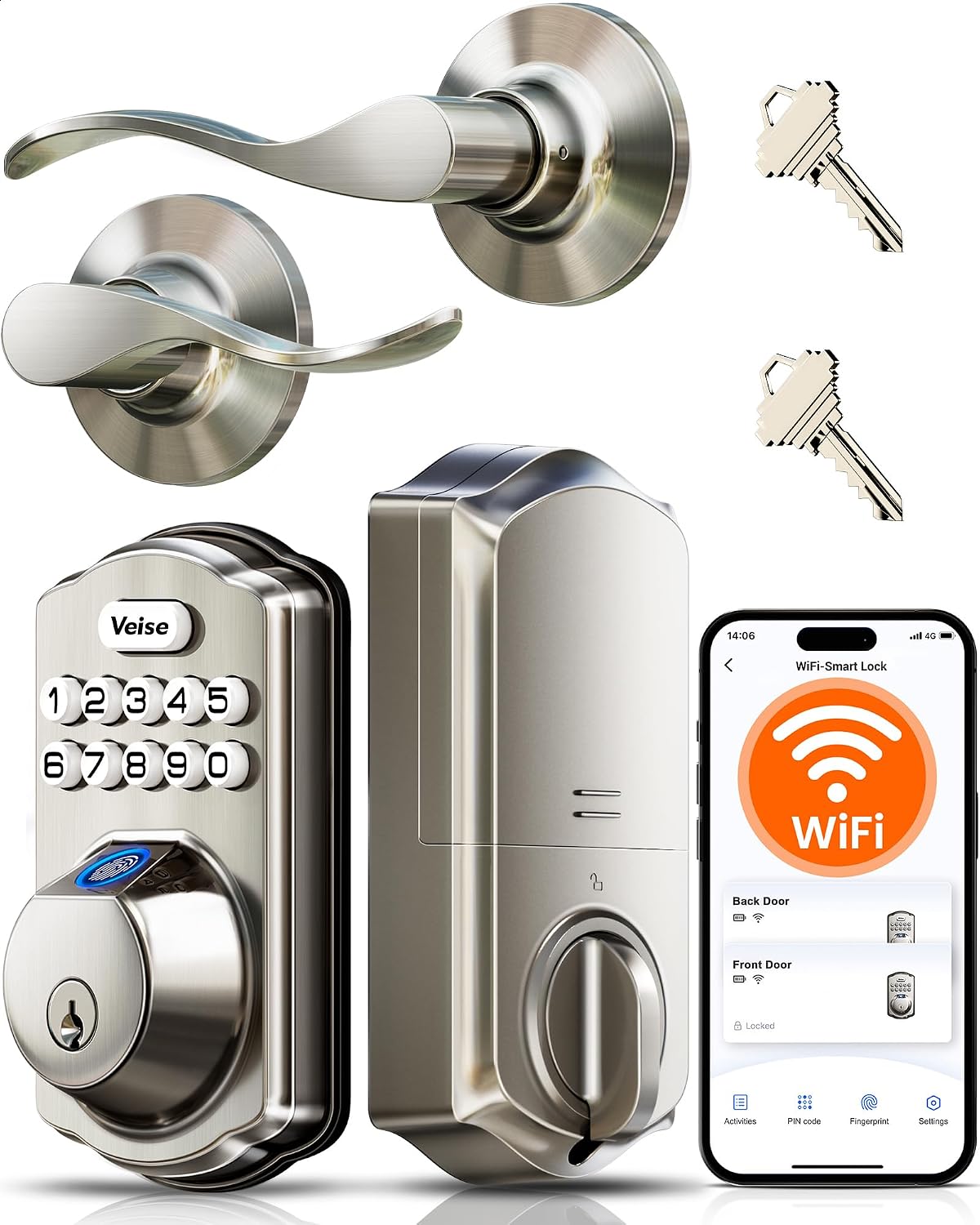 Veise VE012W-B Smart Wi-Fi Deadbolt Lock with Handle Set, Satin Nickel