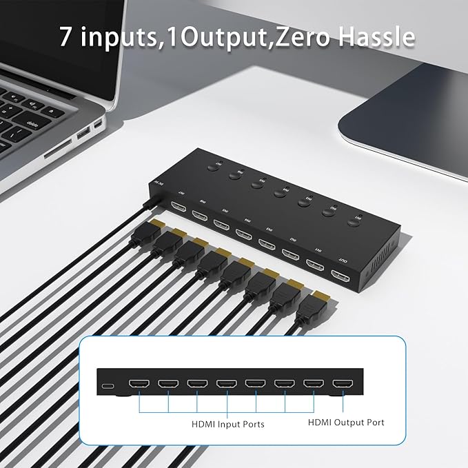 Y.D.F 7 Port HDMI Switch, 4k@60Hz HDMI Switcher 7 in 1 Out HDCP 2.0 Manual HDMI
