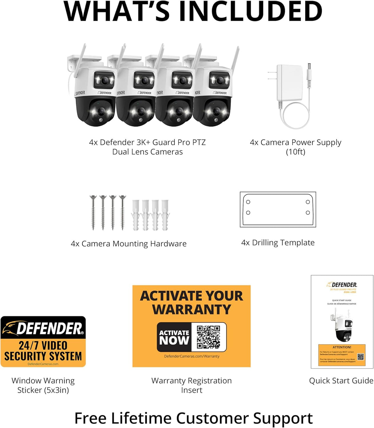 Defender AI Powered Guard Pro 3K Plus Dual Lens PTZ WiFi 6/Bluetooth Plug-in Power Security Camera, Human/Vehicle Detection, AI Auto-Tracking, Night Vision, Works w/Guard App, 4 Pack