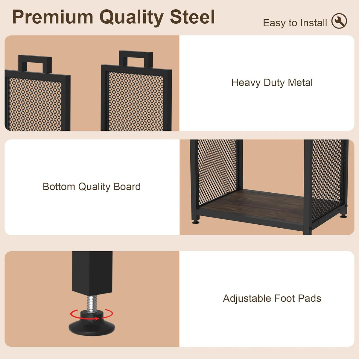 vygrow firewood rack for indoor, heavy duty fire showing dimensions