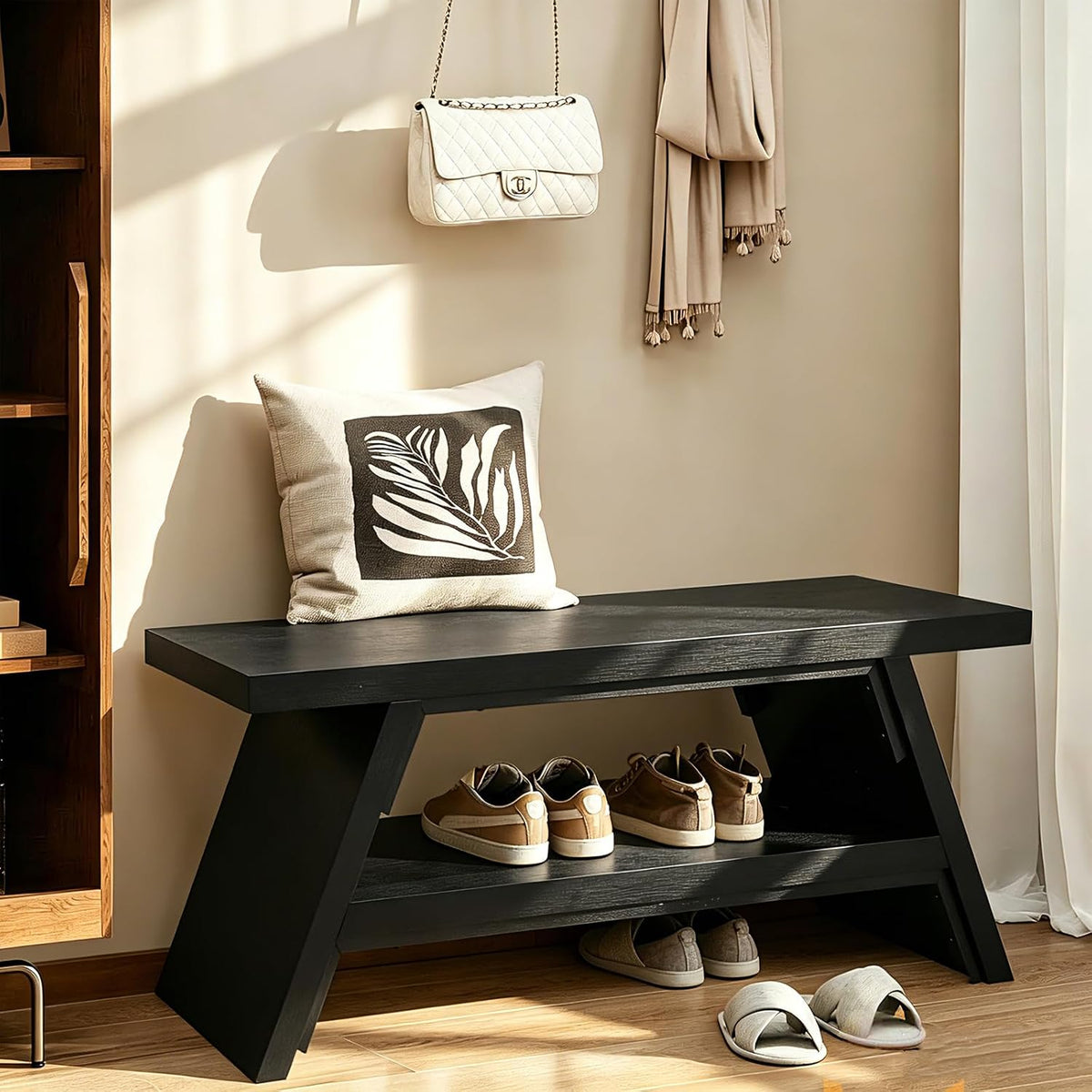 2-Tier Shoe Storage Bench, 40" Solid Wood Entryway Stool Storage