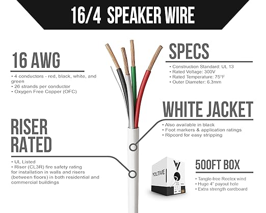 Voltive 16/4 Speaker Wire, Riser CL3R, 500ft