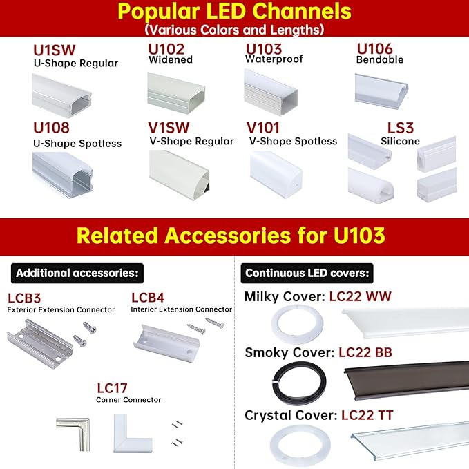 Muzata 20Pack 3.3FT/1M Plus-Size Spotless LED Channel Black LED Strip Diffuser