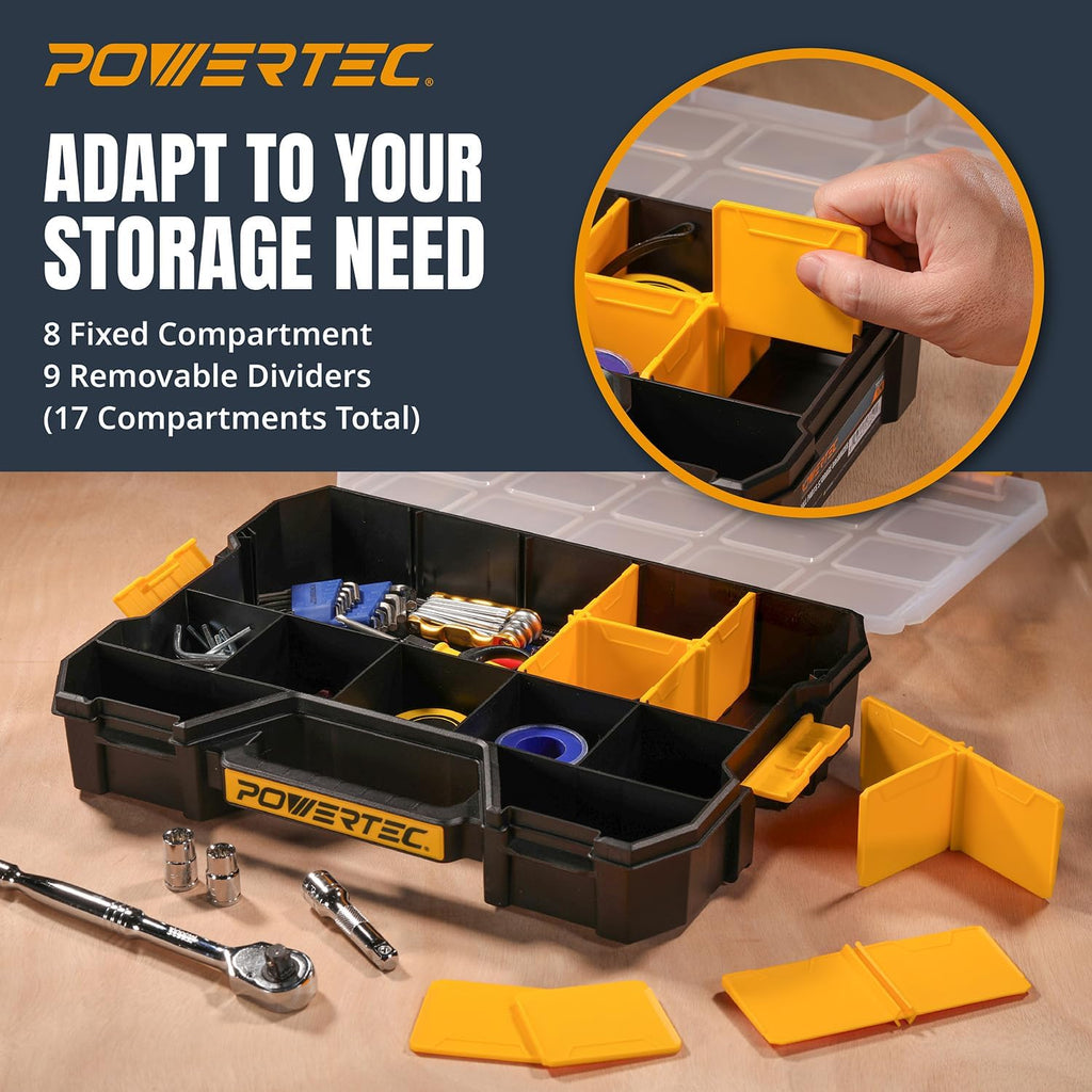 powertec stackable tool box organizer with removable dividers, close-up detail