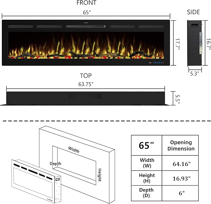 65" WiFi Electric Fireplace Inserts, Recessed and Wall Mounted Fireplace Heater