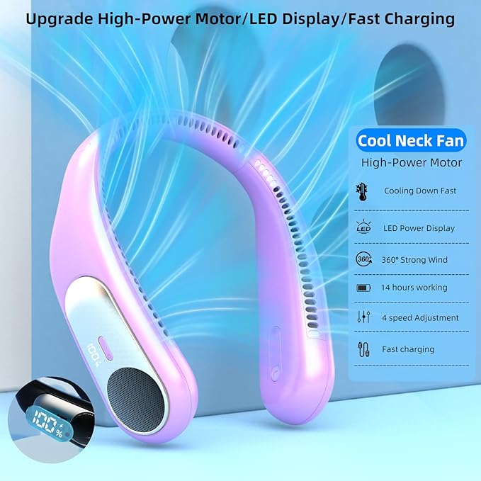 Portable Neck Fan, Personal Wearable Bladeless Fan, LED Display, 6000mAh USB