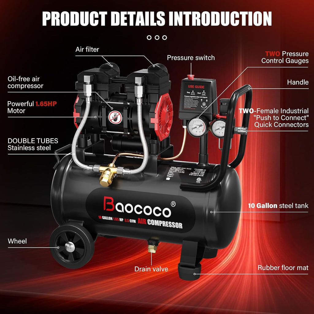 Portable Air Compressor with 10 Gallon Steel Tank, 1.65 HP 3.5 CFM @ 90 PSI