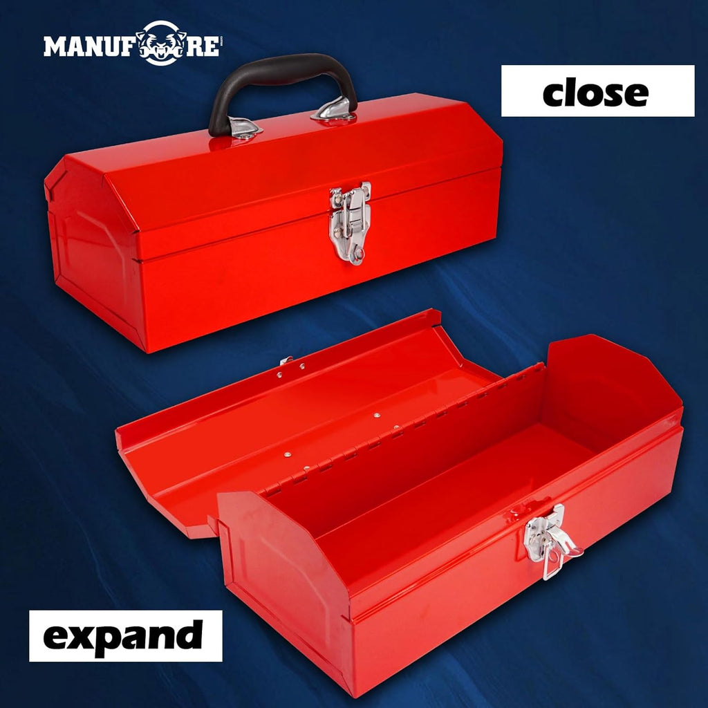 manufore 16" metal tool box with carry handle on a desk or shelf