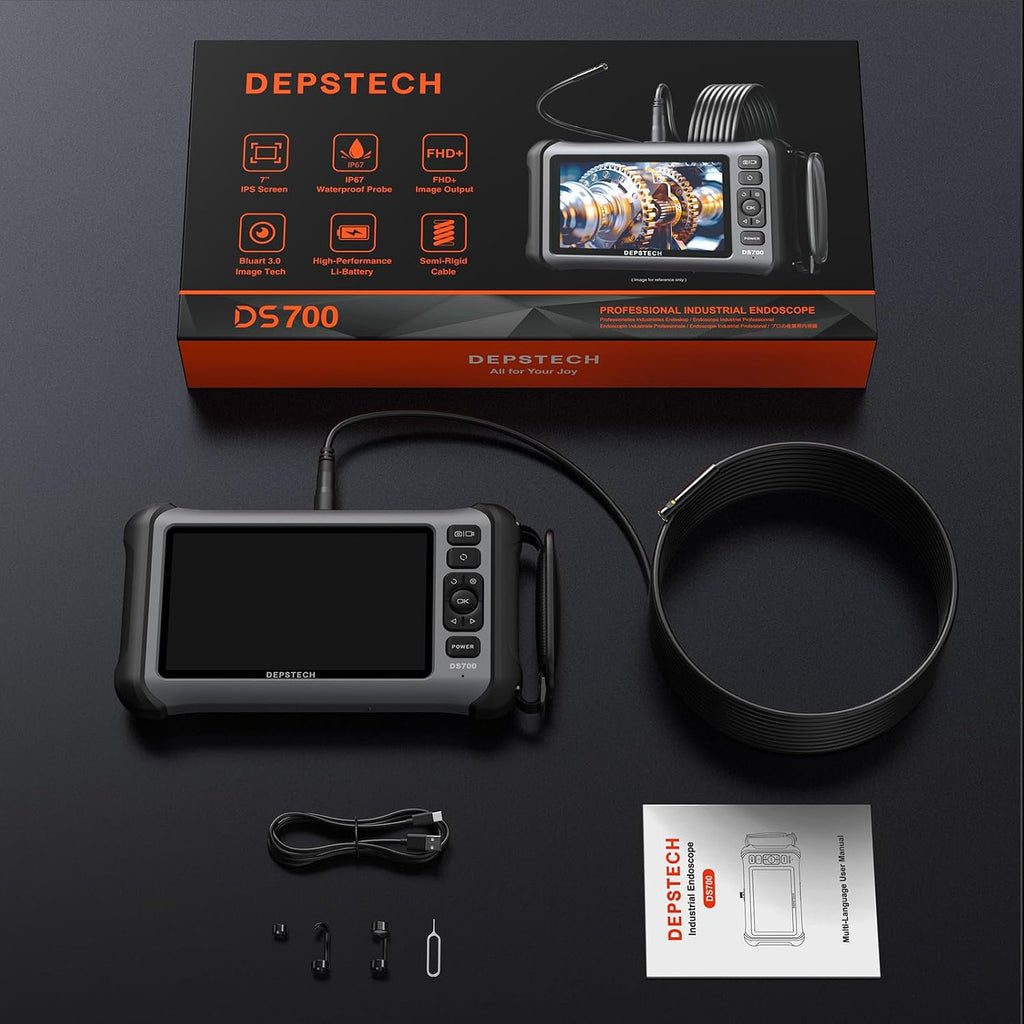 depstech 7" ips screen endoscope camera with light, front angle view