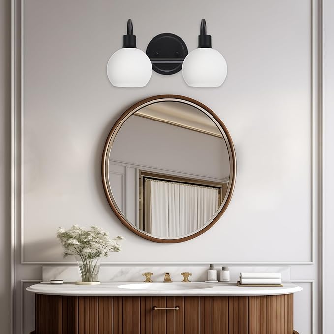 WINSHEN 2-Light Black Bathroom Light Fixture, Milk White Globe Wall Sconce Lamp