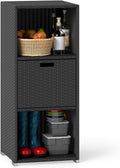 HAPPYGRILL Outdoor Storage Cabinet PE Rattan Wicker Storage Shed Organizer with Shelves Drawer, for Patio Porch, Garden, Backyard and Poolside (Black)