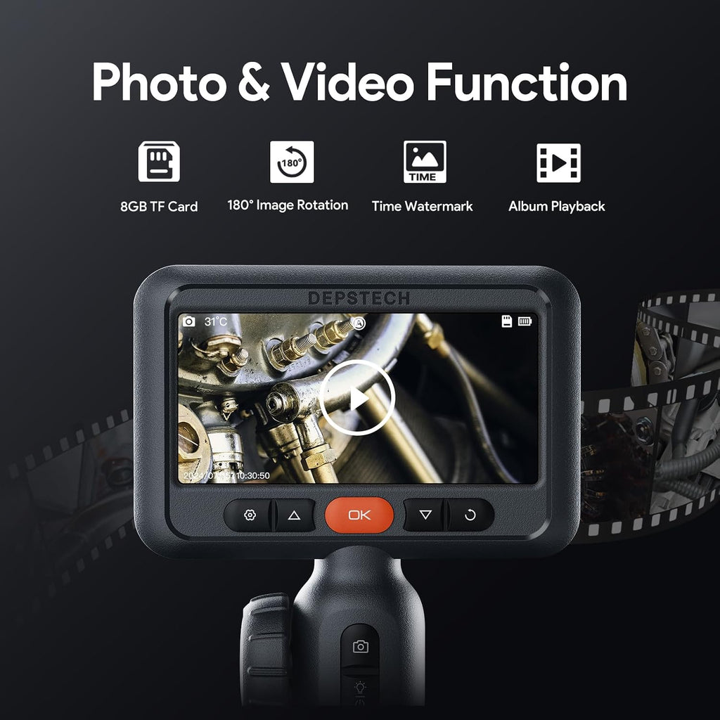 depstech dual lens articulating borescope, endoscope camera with showing dimensions